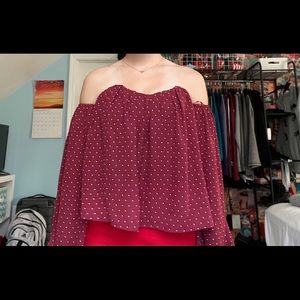 maroon off the shoulder cropped top
